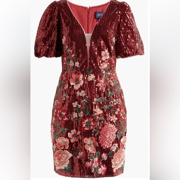 Marchesa Notte Burgundy Sequin Floral Embroidered Cocktail Mini Dress Size 4 NWT - Picture 4 of 16